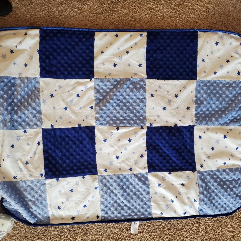Just Born Blue Stars Patchwork Baby Blanket White Minky Satin Dot Security Lovey